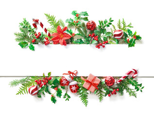 Wall Mural - christmas tree branches and decorations with blank card and space for text
