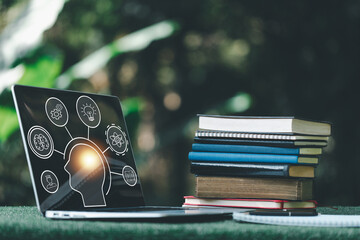 Wall Mural - Bright light bulb and icon with book. Business success idea and education or learning online concept. Business person achievement and inspiration. technology, Create Imagination for Inspiration.