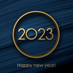 Wall Mural - Golden 2023 sign in round frame on blue brush strokes background.