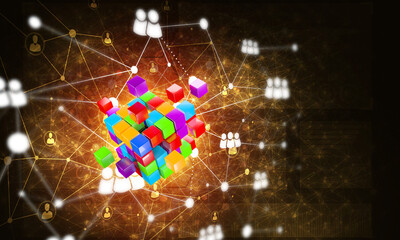 Wall Mural - concept of internet and networking with digital cube figure on dark background