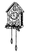 Doodle Of Old Wall Clock. Cozy Pendulum Clock Sketch. Hand Drawn Vector Illustration. Single Outline Clip Art Isolated On White.