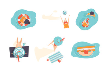 Sticker - People Characters at Beach Sunbathing and Enjoying Summer Vacation Vector Set