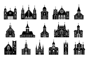 Church icons, chapel buildings silhouettes. Simple city exteriors, sanctuary basilica signs, garish religion. Temple facade. Catholic tower with bells. Vector graphic design illustration