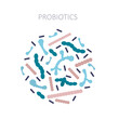 Probiotics, bacteria logo, bifidobacteria. Live microorganisms that help normalize functioning of intestines and liver. Probiotics have positive effect on immune system.