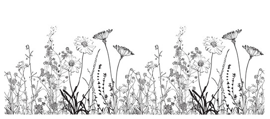 wild flowers in the field border sketch hand drawn vector illustration.