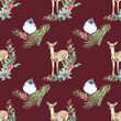 Watercolor Christmas red seamless pattern. Winter flowers, poinsettia, holly berry, pine cone, bird, deer,stag, evergreen branch illustration.New year, xmas print, fabric,textile,scrapbooking