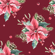 Watercolor Christmas red seamless pattern. Winter flowers, poinsettia, holly berry, pine cone, fir,spruce, evergreen branch,twig, berry illustration.New year, xmas print, fabric,textile,scrapbooking