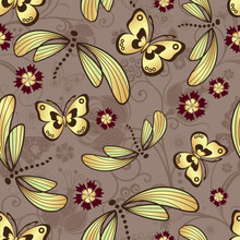 Vector Seamless Pattern With Stylized Butterflies And Dragonflies On A Brown Background.
