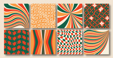 Vector Set Of Groovy And Hippie Christmas Social Media Backgrounds. Checkerboard, Chessboard, Mesh, Waves Patterns. Twisted And Distorted Vector Texture In Trendy Retro Psychedelic Y2k  Style.