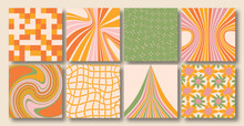 Vector Set Of Groovy Hippie 70s Social Media Backgrounds. Checkerboard, Chessboard, Mesh, Waves Patterns. Twisted And Distorted Vector Texture In Trendy Retro Psychedelic Style. Y2k Aesthetic.