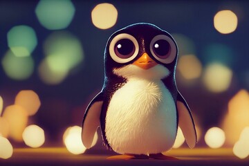 Sticker - Digital 3D render of a cute adorable penguin with large eyes on a bokeh background