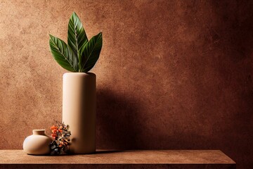 Poster - Digital 3D render of a still life with a clay candle holder and a vase with green leaves