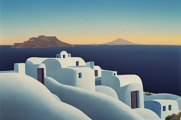 Sticker - Digital illustration of a Santorini postcard design with buildings and the sea