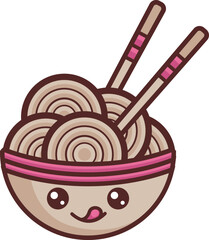 Sticker - Cute kawaii cartoon character of a bow with noodles and chopsticks on a white background