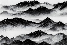 Greyscale Illustration Of A Beautiful Landscape With Valleys And Mountains