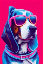 Vertical Of An AI Generated Colorful Illustration Of A Dog With Sunglasses Against A Pink Background