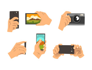 Wall Mural - Hand with Smartphone and Camera Taking Landscape Photo or Picture Vector Set