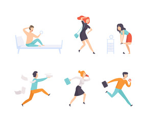 Sticker - People Office Employee Late to Work in Hurry Running and Rushing Forward Vector Set