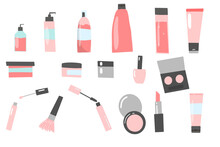 Set Of Vector Illustrations Of Personal Care And Makeup Products. Hair And Face Care. Cosmetics Clipart.