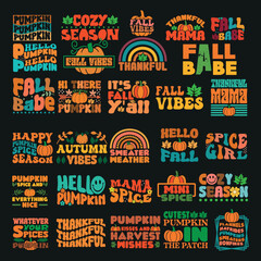 Sticker - Halloween background with colorful texts autumn vibes, pumpkins spice on black background