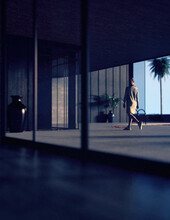 Blonde Woman In Sweater Dress Walks On A Terrace Under A Canopy Near A House. Rear View. 3D Render.