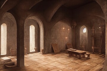 Wall Mural - Hyper realistic illustration of a medieval room made of stone with windows and wooden furniture