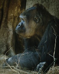 Wall Mural - Vertical shot of a Gorilla resting in the cave