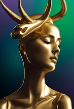 Vertical AI-generated Illustration Of A Golden Woman With A Head Decoration On A Gradient Background