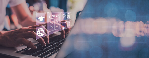 Fototapete - Concept of Online education. man use Online education training and e-learning webinar on internet for personal development and professional qualifications. Digital courses to develop new skills.
