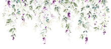 Watercolor Arrangements With Flowers Lavender. Bouquets With Wildflowers, Leaves, Branches. Botanic Wallpaper