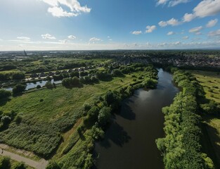 Poster - View of West Point, meadows, hairpin meander in River Mersey surrounded by plants, shrubs and trees