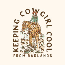 Cowgirl Illustration Horse Graphic Lady Design Vintage Badge Desert