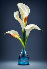 Vertical AI-generated Image Of Blooming White Calla Lily Flowers In A Vase On A Blue Background
