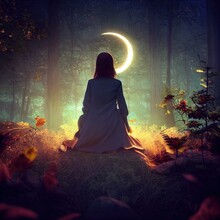 Alone Girl In Fairy Forest Moon Midnight
