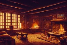 Cozy Log Cabin Living Room Interior. (Digital Illustration In The Style Of Fantasy Wallpaper, Greeting Card, Holiday Card, Invitation, Or Postcard.)