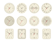 Analog Clock Dial. Mechanical Watch Face With Arabic Roman Numerals Second Minute Hand, Wristwatch Set With Chronometer Time Day Symbols. Vector Collection Of Clock Analog Illustration