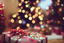 Christmas Background Graphic With Colorful Bokeh Lights And Presents
