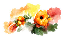 Watercolor Illustration Of Orange Flowers Arrangement On Transparent Background. Png Illustration. Abstract Orange Flowers Watercolor Paintings. Ready For Greeting And Post Cards.