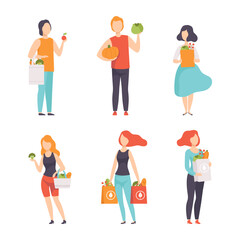 Poster - People Characters Carrying Shopping Eco Bags with Fresh Vegetables from Greengrocery Vector Set