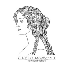 Wall Mural - Portrait of a woman inspired by a painting by Renaissance artist Botticelli. Outline hand drawing vector illustration.