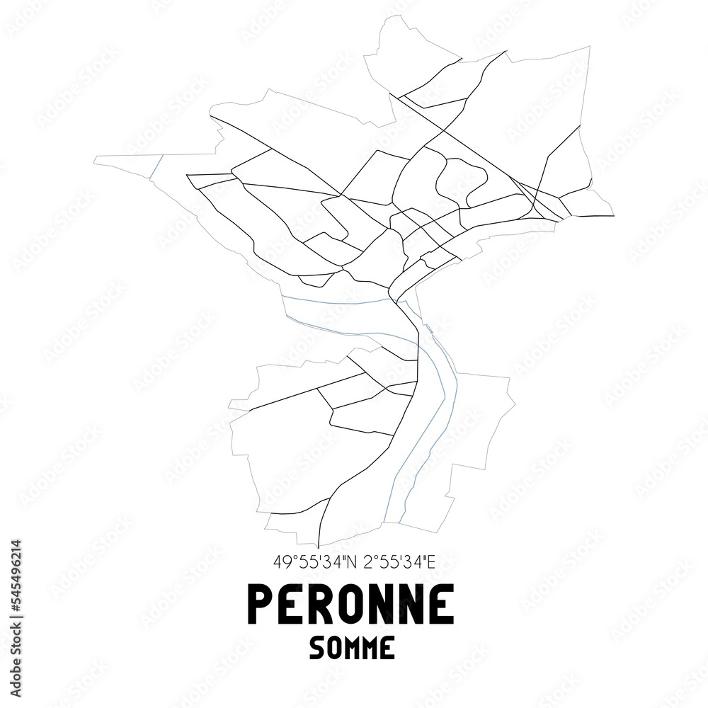 PERONNE Somme. Minimalistic street map with black and white lines.