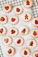 Traditional Homemade Linzer Or Sandwich Christmas Cookies Filled With Raspberry Jam. Xmas Baking Idea