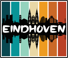 Eindhoven Netherlands Skyline Sunset Travel Souvenir Sticker Logo Badge Stamp Emblem Coat Of Arms Vector Illustration EPS