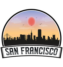 San Francisco California USA Skyline Sunset Travel Souvenir Sticker Logo Badge Stamp Emblem Coat Of Arms Vector Illustration EPS