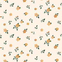 Seamless Floral Pattern, Cute Ditsy Print With Country Motif. Pretty Flower Design, Abstract Composition Of Hand Drawn Plants: Small Yellow Flowers, Leaves On A Light Background. Vector Illustration.