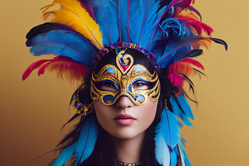 Wall Mural - Beautiful exotic woman with colorful masquerade mask illustration