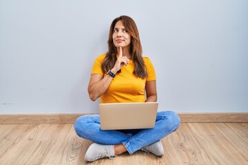 Poster - Hispanic woman using laptop sitting on the floor at home thinking concentrated about doubt with finger on chin and looking up wondering