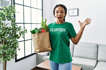 Wall Mural - Young african american woman wearing volunteer t shirt holding bag of groceries celebrating victory with happy smile and winner expression with raised hands