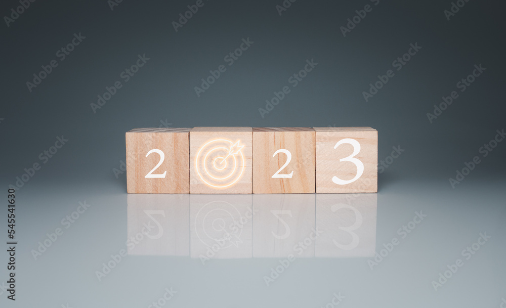 Wooden blocks lined up with the letters 2023. Represents the goal ...