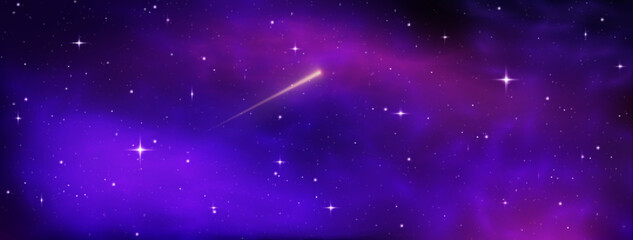 Wall Mural - Shooting star background against dark blue starry night sky. Magic stardust. Realistic blue galaxy. Meteor shower with falling glowing comets, asteroids, stars in space. Comet with light trail. Vector